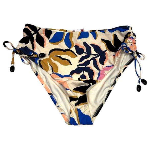 Red Carter Tropical Leaf Print High Rise Bikini bottoms moonstone cream - S - Picture 2 of 9